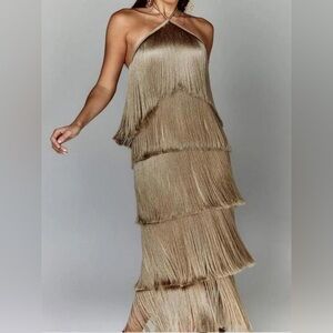 NEW - Elegant‎ Fringe Layered Tan Dress